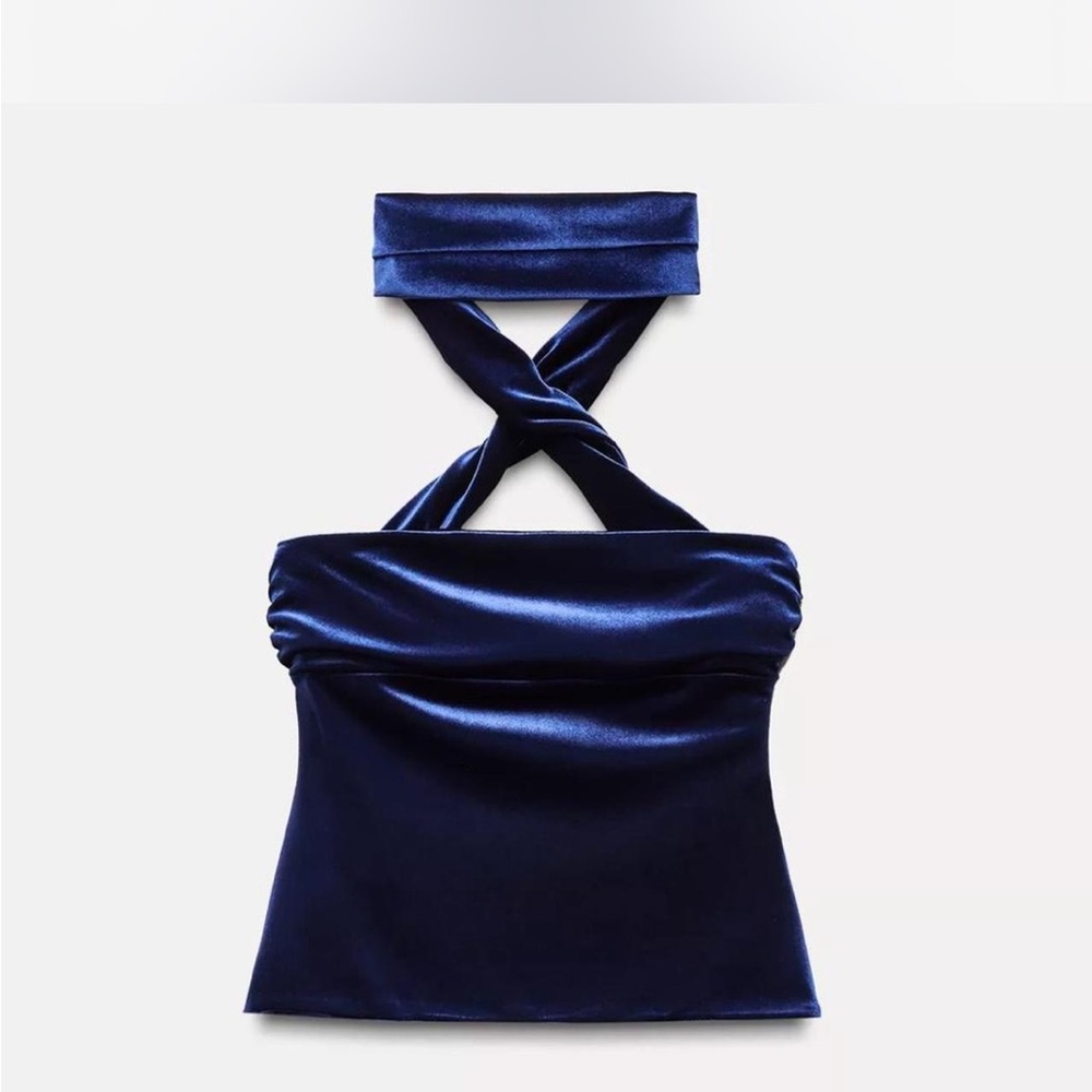 Zara Blue Velvet Strapless Top